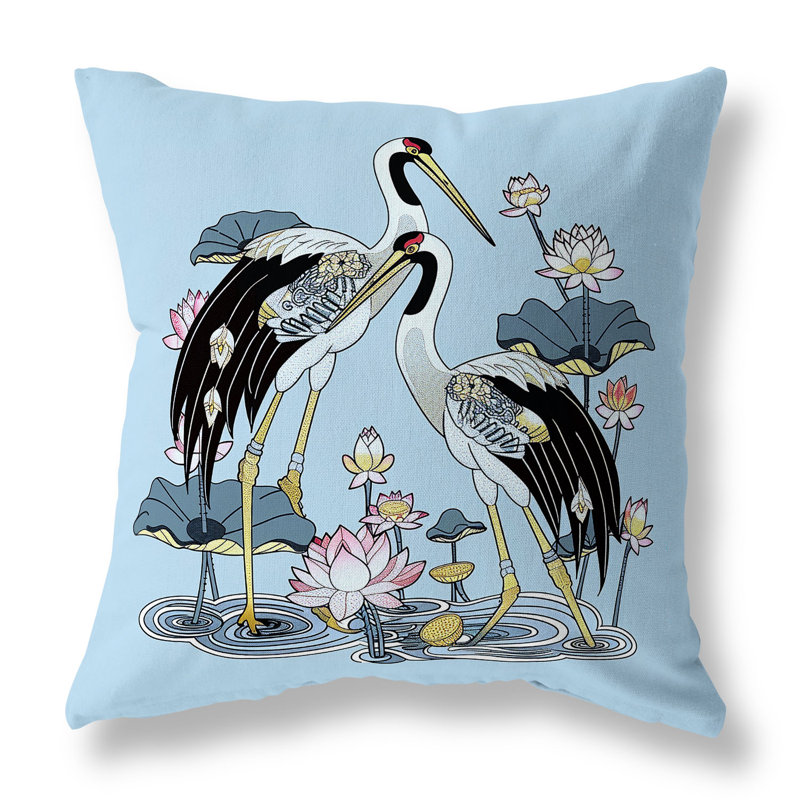 Coussin Crane and Lotus, Bleu / Noir, H 16 po x l 16 po