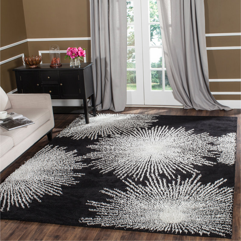 Tapis noir en laine touffeté à la main Amier, Rectangle 7 pi 6 po x 9 pi 6 po