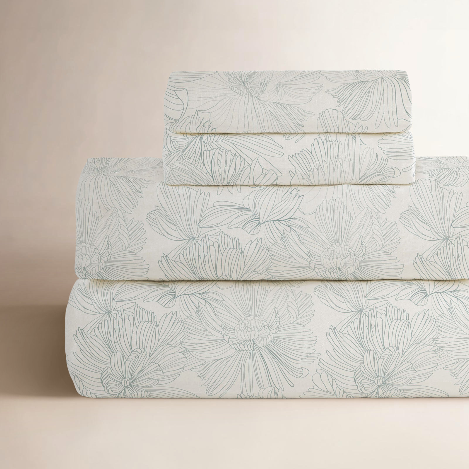 100% French Linen Sheet Set, Twin Sheet Set with 1 Pillowcase, Cream/Wave Floral