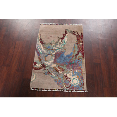 Tapis beige en laine noué à la main de conception unique 2 pi 10 po x 4 pi 1 po Lun
