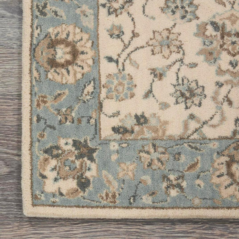 Tapis oriental en laine ivoire / bleu Crownover, Tapis de couloir 2 pi 6 po x 12 pi