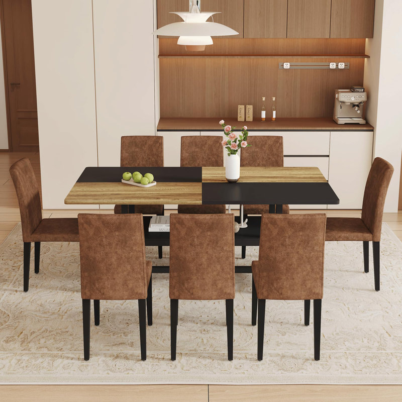 Ensemble de table de salle à manger rectangulaire pour 8 personnes, ensemble de table de salle à manger 71 po avec 8 chaises rembourrées et tablette de rangement, plateau de table en bois avec structure en métal