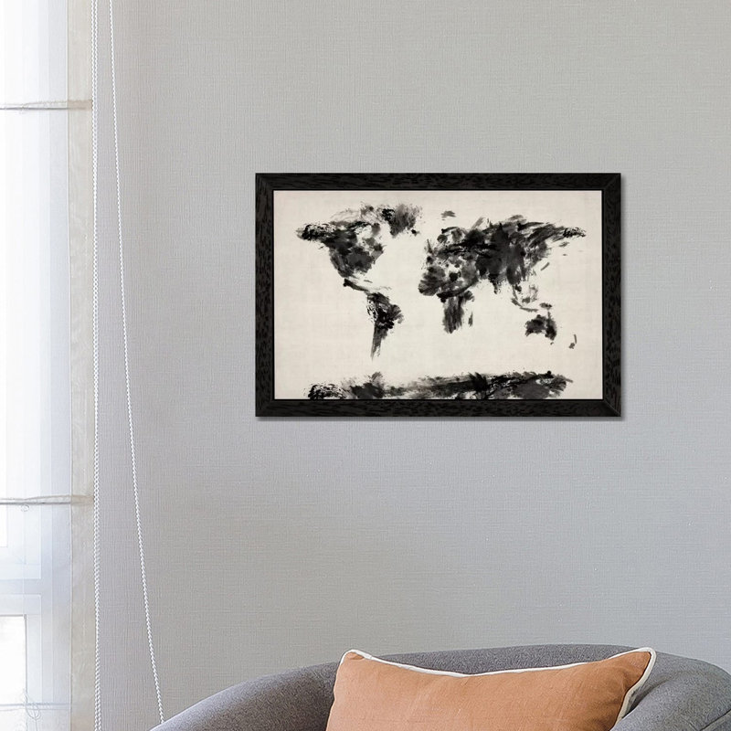 Map Of The World Paint Splashes Black by Michael Tompsett - Floater Frame Print on Canvas, 101.6 cm H x 66.04 cm W