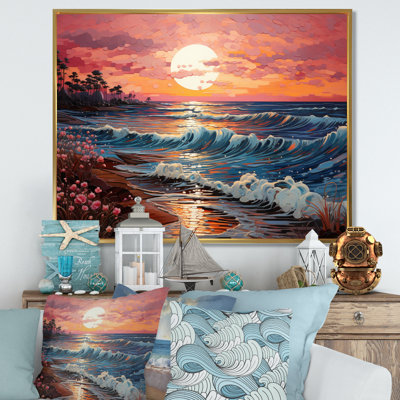 " Beach Crimson Sunset Pointillism "