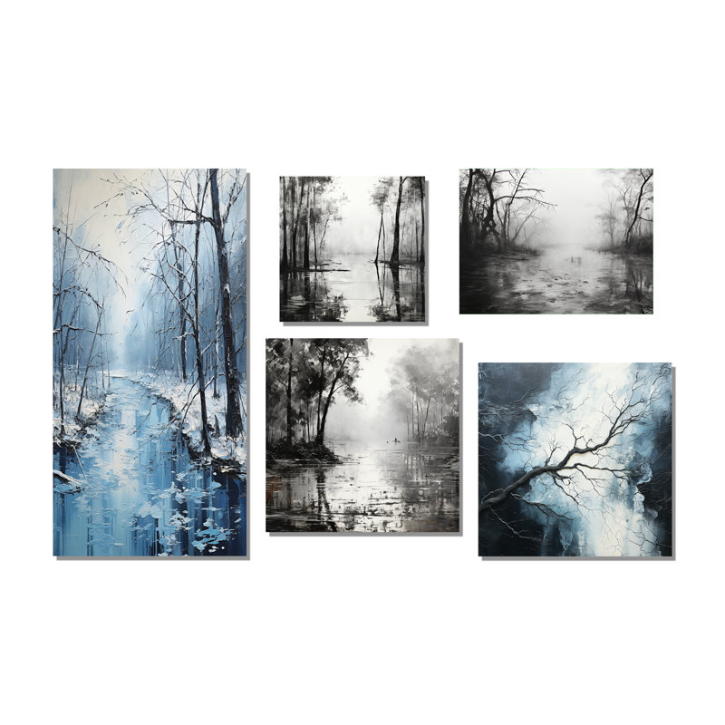 «Enchanted Winter Woods River - Forest River», ensemble de 5 impressions sur toile, Toile tendue