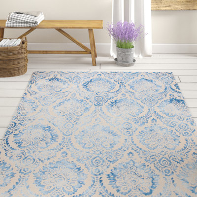 Oakton Hand Tufted Wool/Cotton/Latex Damask Rug in Blue/Ivory