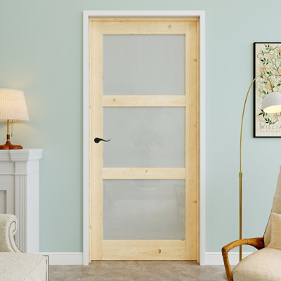 Porte intérieure pré-suspendue en bois de pin et verre givré 3-Lite 36 po x 80 po avec levier incurvé et charnières noires