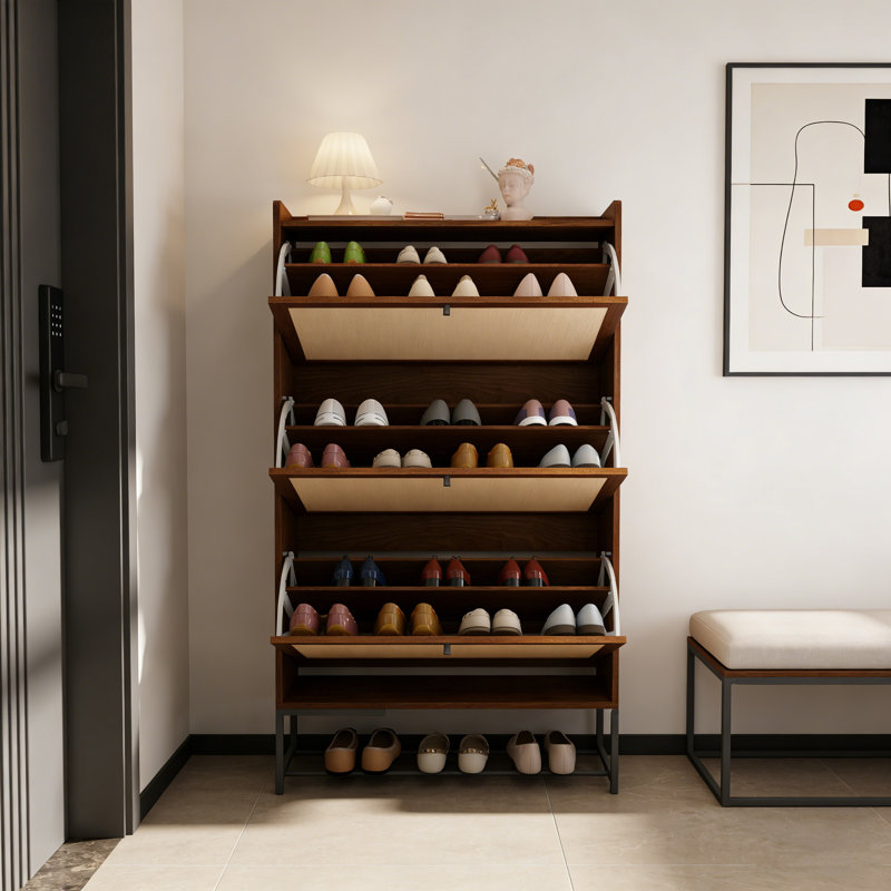 Modern Narrow Flip-Drawer Shoe Cabinet, Walnut