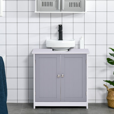 Organisateur de salle de bain sous l'évier, armoire avec encoche en forme de U. Blanc et gris. Augmente la capacité de rangement. Tablette réglable. Fabriqué. 23,5 po x 11,75 po x 23,5 po. Peut contenir une armoire, une cavité jusqu'à 22 lb.