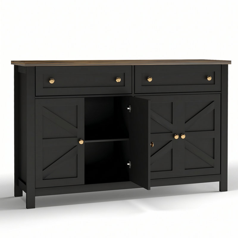 Buffet de 55 po avec 2 tiroirs et armoires, buffet de style classique avec tablettes réglables pour le salon, la cuisine et la salle à manger