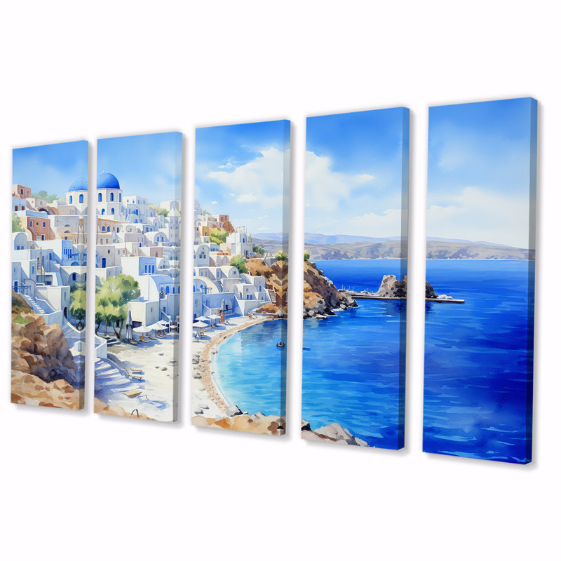Grèce, Santorini Coastal View III - Grèce, art mural 5 pièces, H 28 po x l 60 po