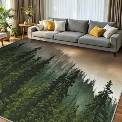 Clear Machine Washable,Forest Storm Tree Mountain Indoor Area Rug