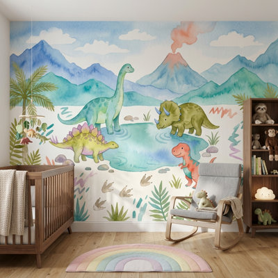 Watercolor Wallpaper Dinosaur Removable Prehistoric Landscape Wall Decor
