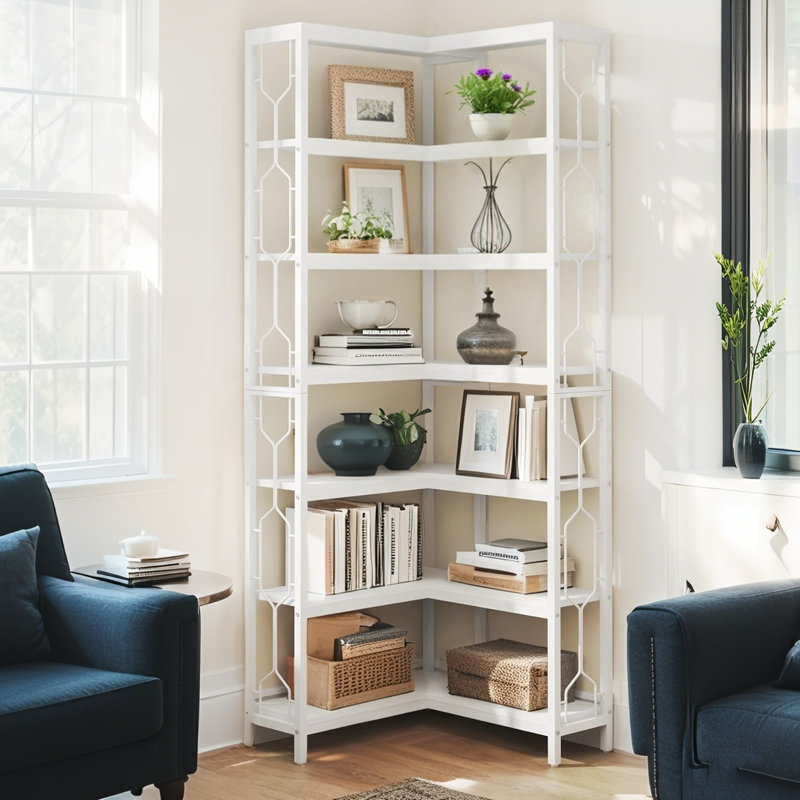 Bibliothèque d'angle à 7 niveaux Hexagon, 78.74" H x 40" W x 9.44" D, Blanc