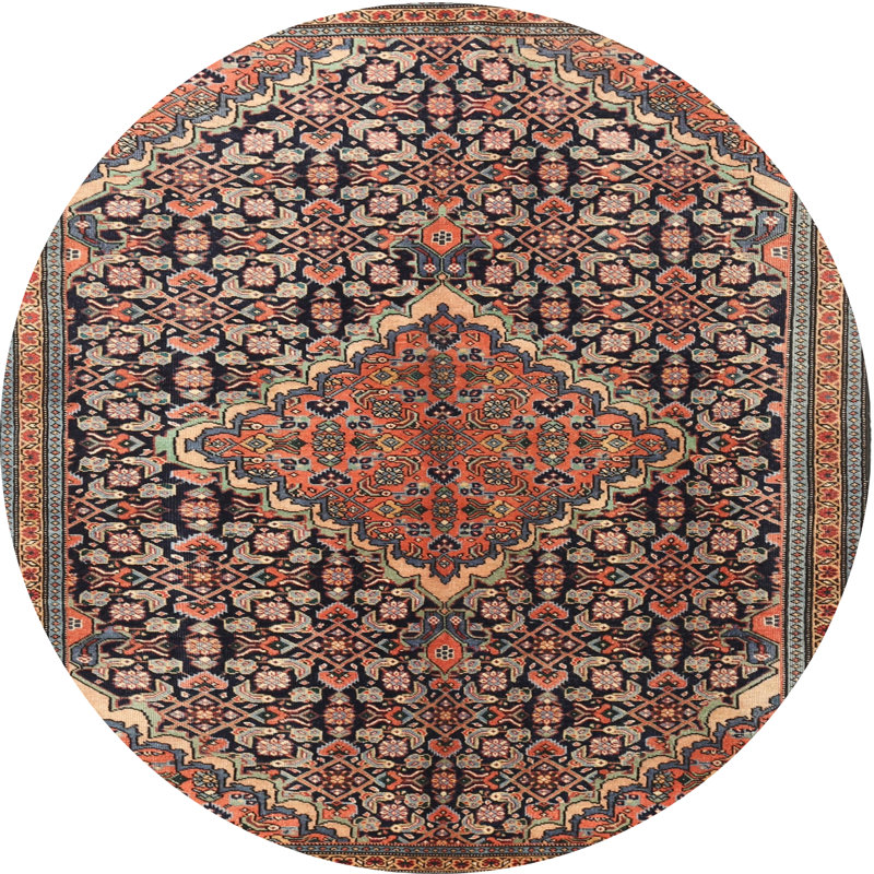 Tapis oriental orange / noir / jaune tissé à la machine, Rond 8 pi