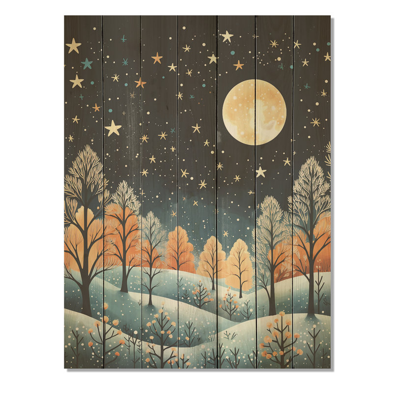 Hiver, pin, ciel étoilé II - pin sur bois, H 40 po x l 30 po