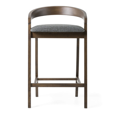 Cid Lenn Counter Stool Chair Set Of 2, Gray Fabric, Curved Brown Rubberwood