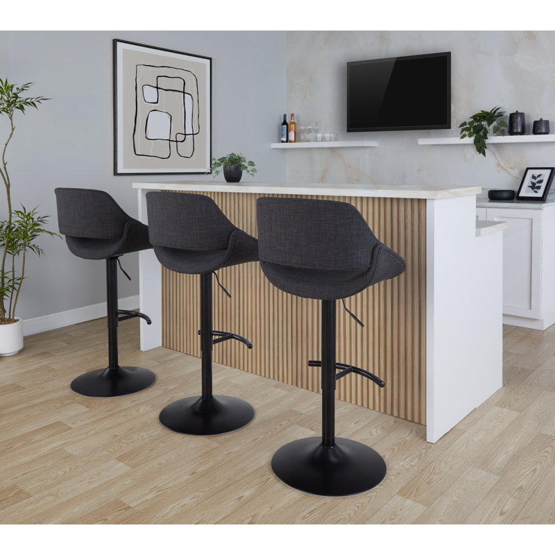 Najrin Adjustable Upholstered Bar Stool with Rounded T Footrest (Set of 2), Charcoal Fabric/Black Frame
