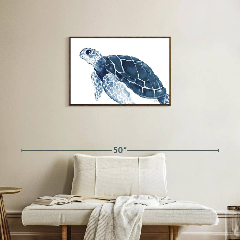 Tortue dans les bleus, Cadre flottant noyer, 31 po x 21 po