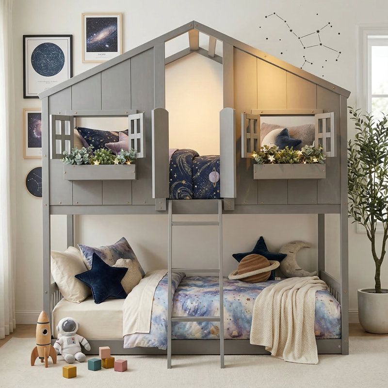 Solid Pine  Wood Twin-Over-Twin Bunk Bed With House-Shaped Frame Guardrails, Space-Saving Loft Bed, Shared Bedroom Furniture