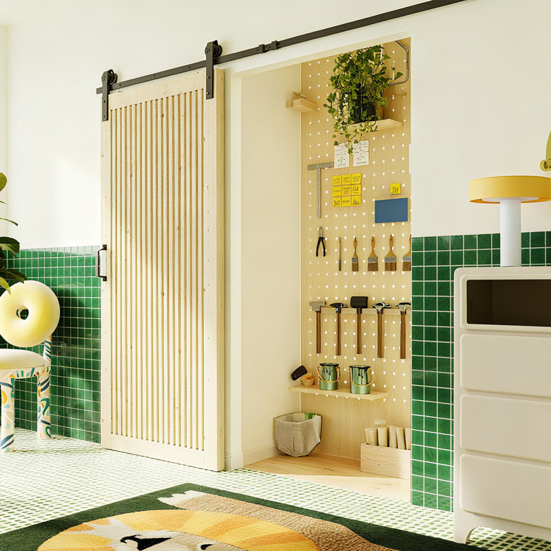 Porte de grange intérieure à panneau à lattes en bois Grille - pin, ensemble de bricolage avec trousse de quincaillerie | Style moderne peu encombrant