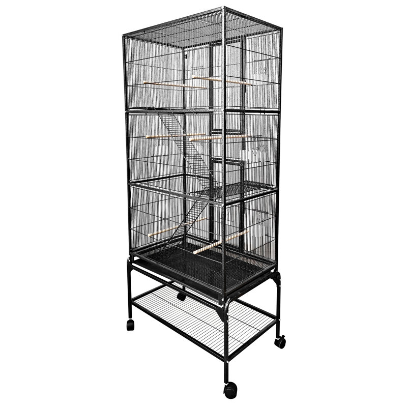 Black Multi-Level Iron Bird Cage with Ladders and Wheels