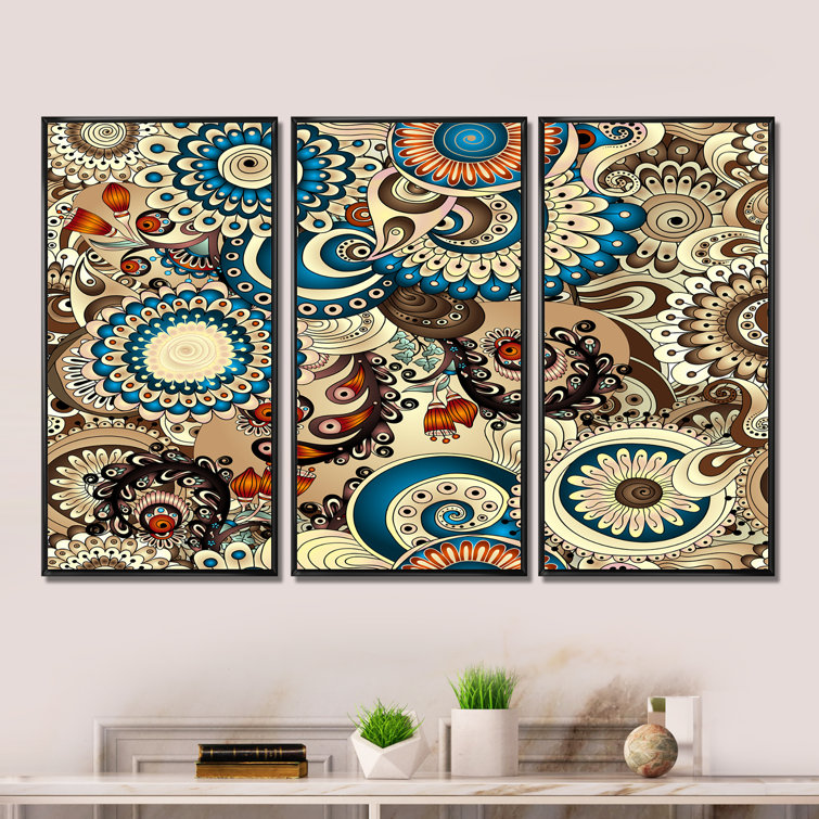 Bungalow Rose Retro Brown and Blue Flowers II - 3 Piece Floater Frame ...