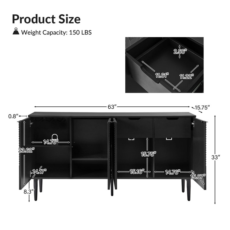 Buffet Ayden l 63 po avec tiroirs cachés et porte-verres à vin, Noir