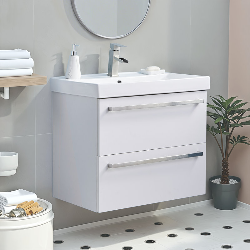Meuble-lavabo mural simple 30 po avec 2 tiroirs 30 po Modern, Blanc, Argent