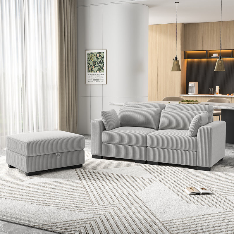 Canapé modulaire réversible en L 3 pièces avec repose-pieds et rangement, collection de canapés en velours côtelé