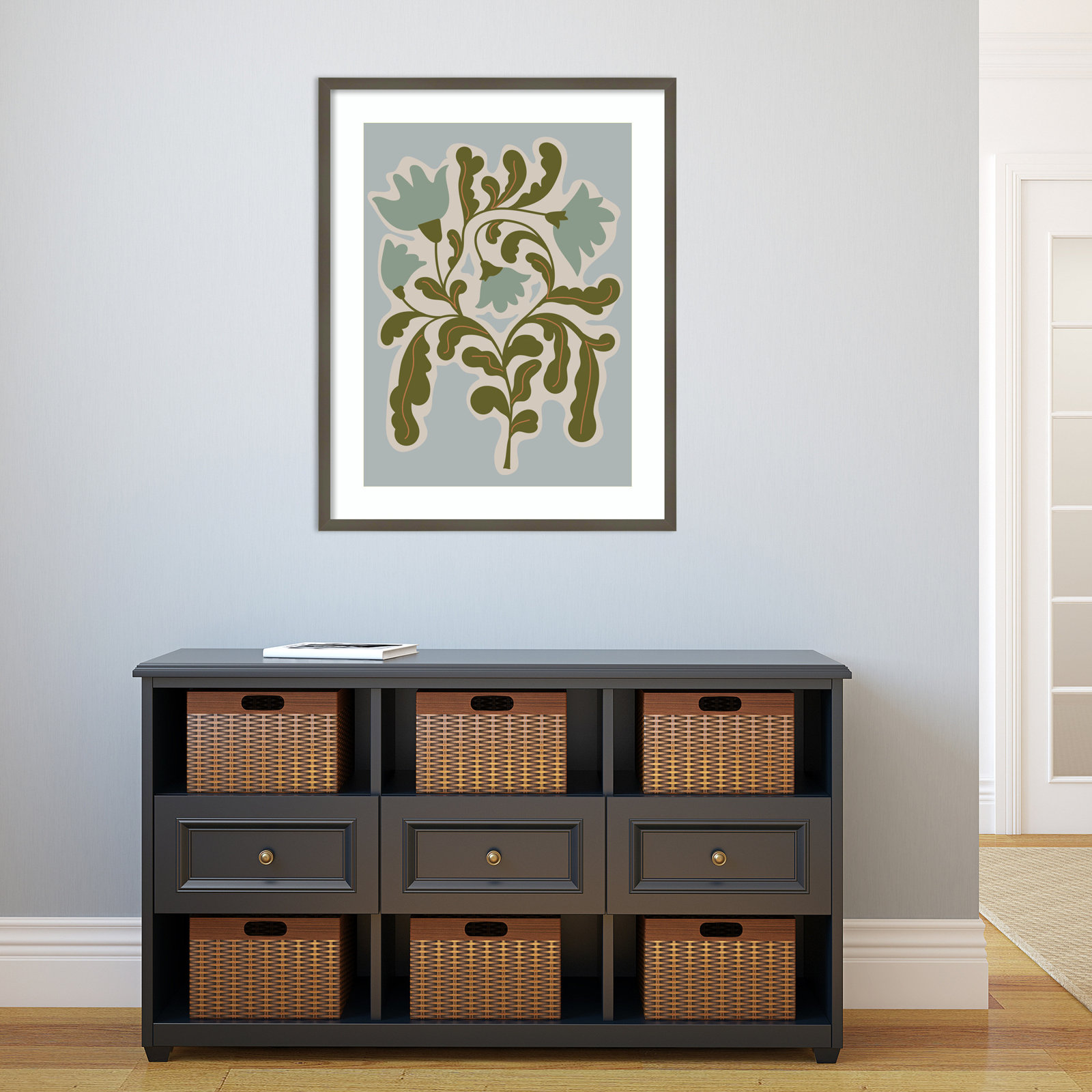 Expressive Abstract House Plant Blue Print, Gray, 33" H x 26" W x 1" D