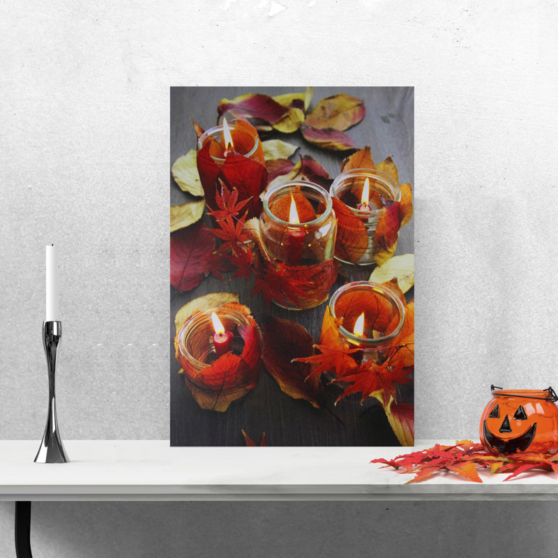 LED Lighted Autumn Leaves and Flickering Candles Canvas Wall Art