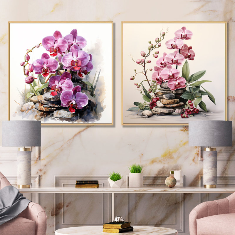 «Purple Orchid Beauty I», ensemble de 2 reproductions d'art mural orchidées, Encadrement brun, H 30 po x l 61 po x P 1 po