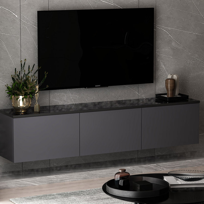 Meuble télé moderne avec plusieurs tablettes, finition anthracite, 63,0 po x 13,8 po x 27,6 po | 100% panneau de particules enduit de mélamine, épaisseur: 0,7 pouce | Conception murale, concept de marbre élégant pour les espaces de vie contemporains