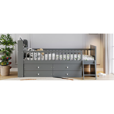 Twin Bed Frame With Storage 4 Drawers,Wooden Bed Frame For Kids,Platform Twin Size Bed With Guardrail Headboard And Ladder, No Box Spring Needed, Easy