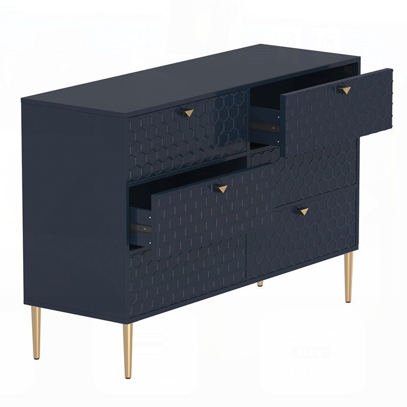 Commode à 6 tiroirs avec motif 3D en nid d'abeille, panneau de fibres à densité moyenne plaqué bois pour une organisation polyvalente