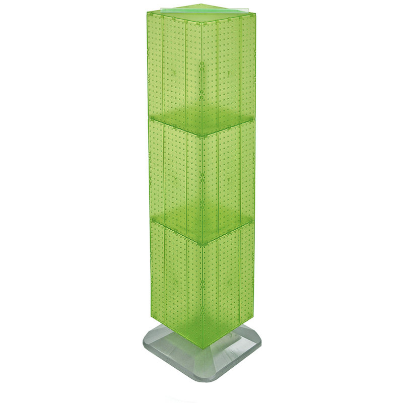 Présentoir de plancher à quatre côtés en panneau perforé sur base pivotante. Support à roulettes. Taille du panneau: l 14 po x H 60 po
