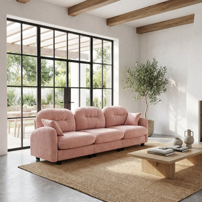 107" Chenille 3-Seater Sofa with Deep Cushions, Tufted Backrest and Accent Pillows, Pink