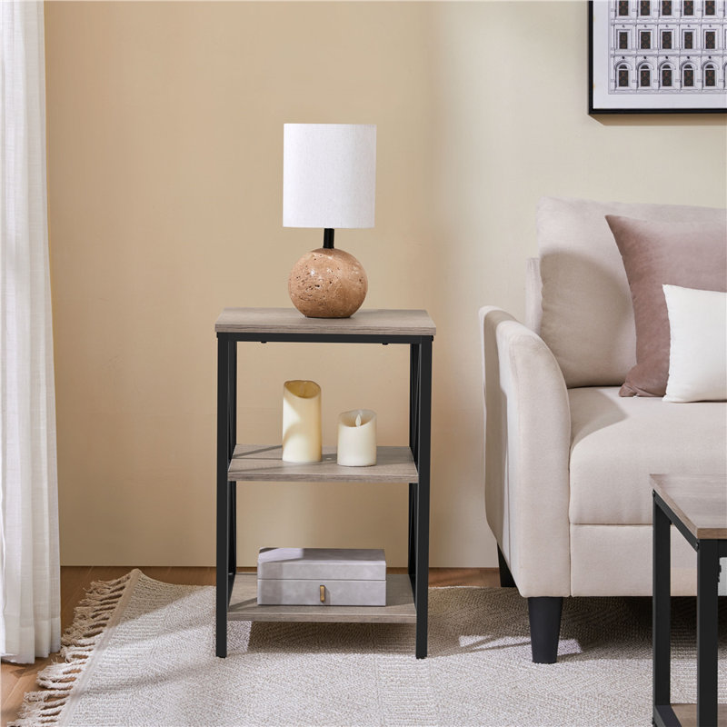 Wooden 3 Tier End Table with Storage, Gray
