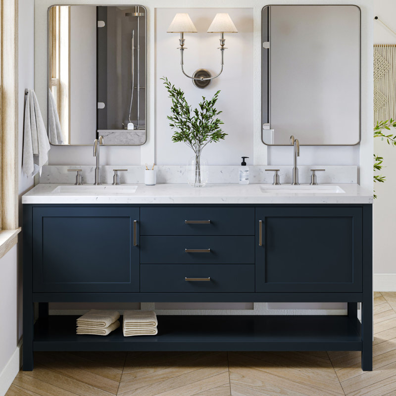 Ensemble de meuble-lavabo double 73 po Abby, Rectangulaire, Bleu minuit, Quartz blanc de Carrare