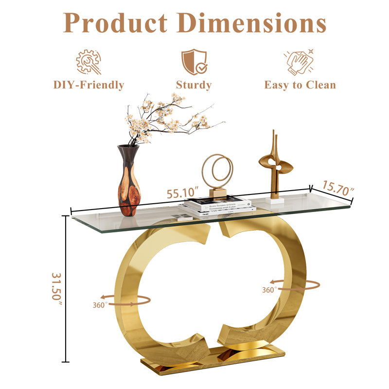 Console moderne, plateau en verre trempé de 55,1 po et base double pivotante en C en acier inoxydable à 360 °, Doré