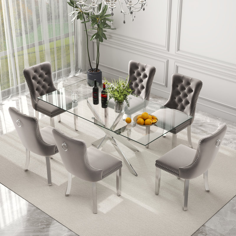 Ensemble de table de salle à manger rectangulaire en verre, 7 pièces : table, 6 chaises, Gris/argent, Argent argent
