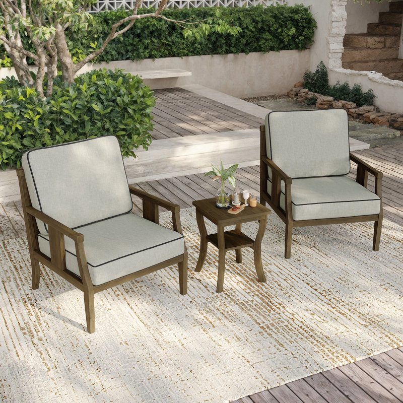 Louque Teak Outdoor Two-Person Patio Set With Cushions And Side Table, Brown, Light Camel