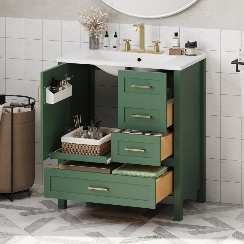Meuble-lavabo 30 po avec lavabo et rangement à fermeture en douceur, Vert / doré