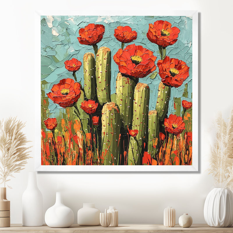 Cactus et les fleurs du désert II - art mural cactus, H 16 po x l 16 po, Reproduction encadrée d'une seule photo, Blanc