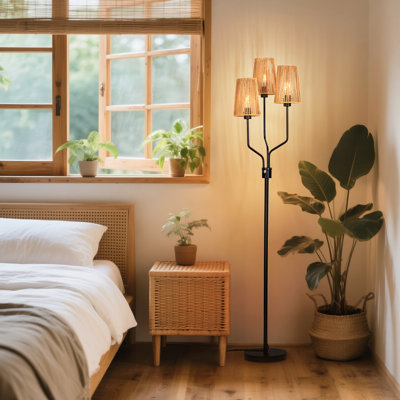 Lampe sur pied en rotin 70 po 3 lumières Mid-Century 70 po, lampe sur pied en métal noir avec 3 ampoules incluses
