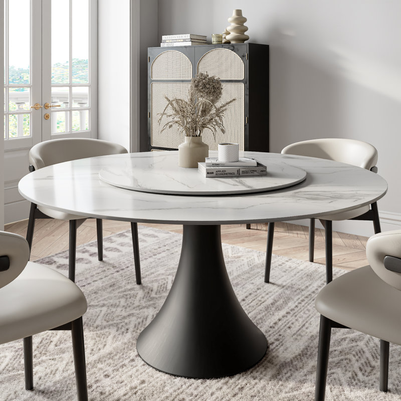 Permelia Mid Mid Century avec plateau tournant en bois massif et chaises rembourrées en cuir pour la cuisine / salle à manger