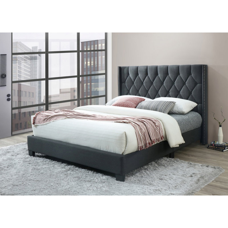 Upholstered Wingback Bed, Queen, Black Fabric