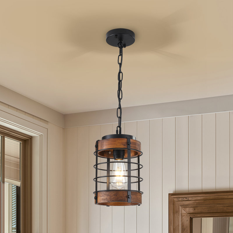 1‑Light Black Wood Cage Pendant Light Adjustable Chain