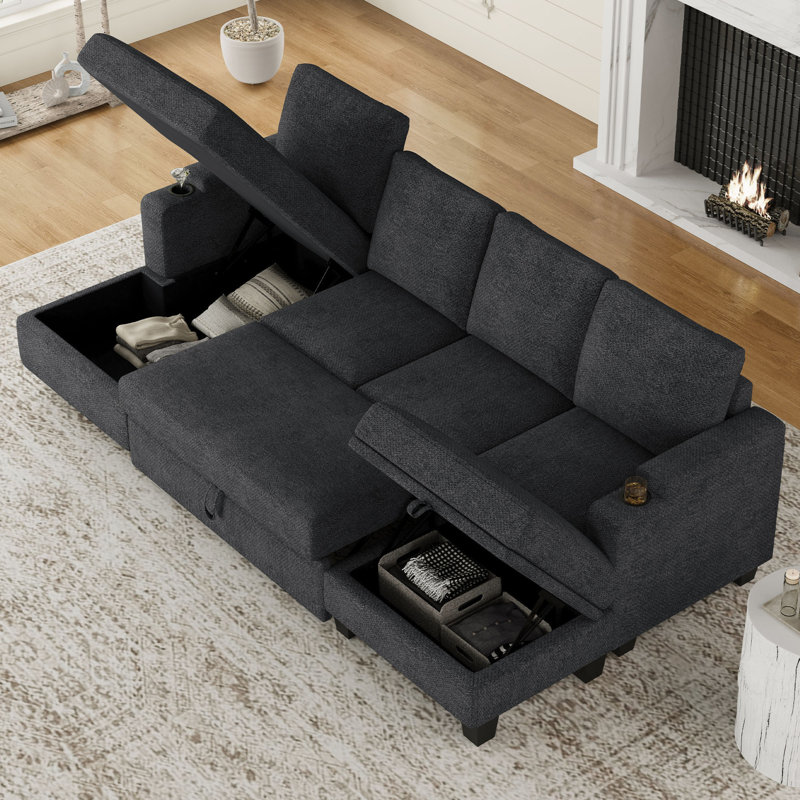 Anjana Chenille Storage Sofa Modular Sectional Sofa Bed With Removable Cushion Cover, Dark Gray Chenille